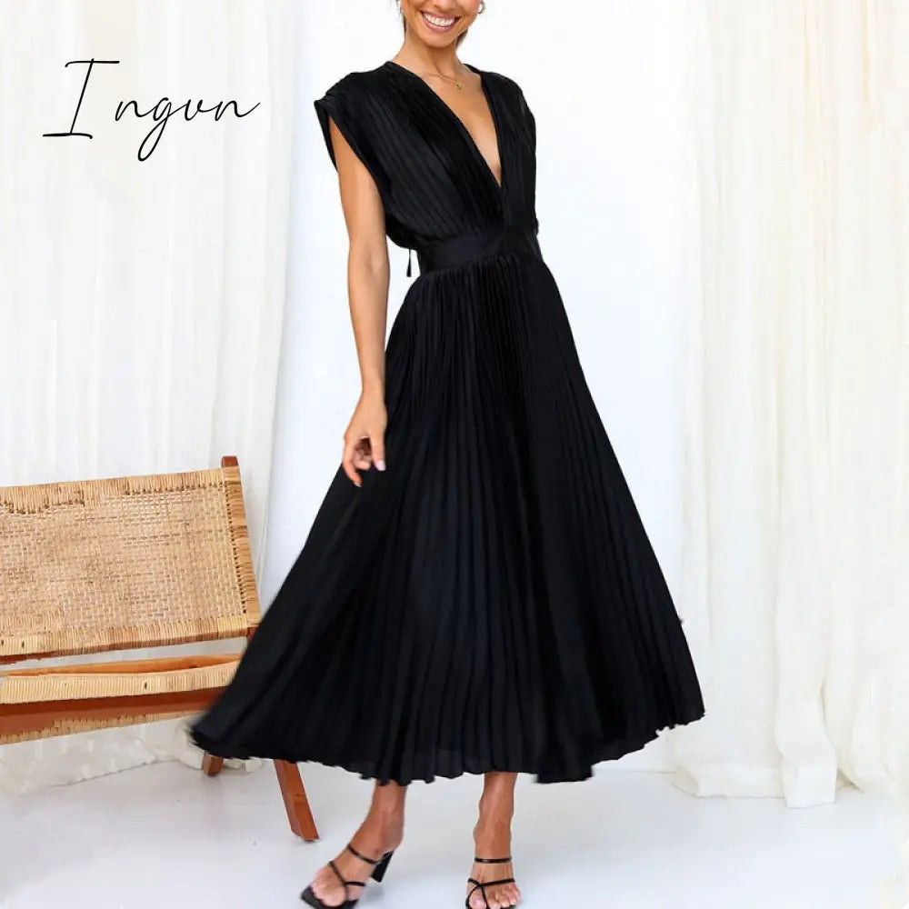 Ingvn - Spring Summer Sexy Women Dress Elegant Fashion Sleeveless V Neck Hollow Out Back Big Hem Pleated Dress