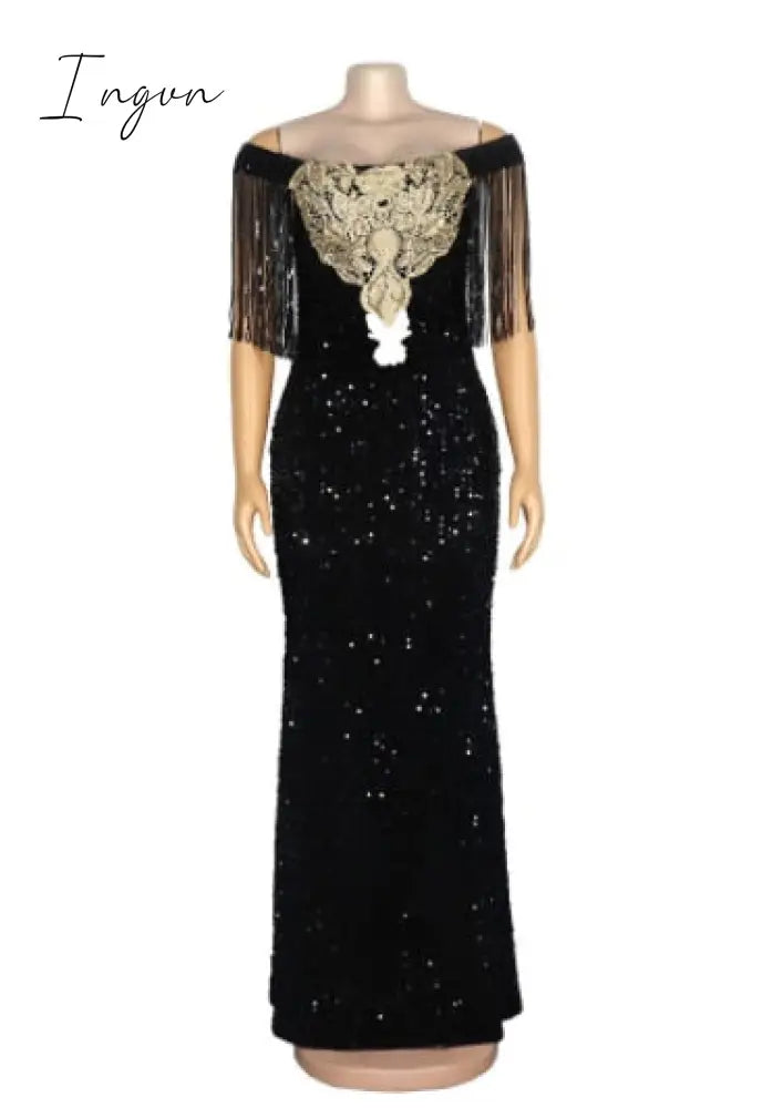 Ingvn - African Dresses Women Autumn African Women Sleeveless Black Sequined Long Dress Maxi Dress African Clothes African Boubou Dress