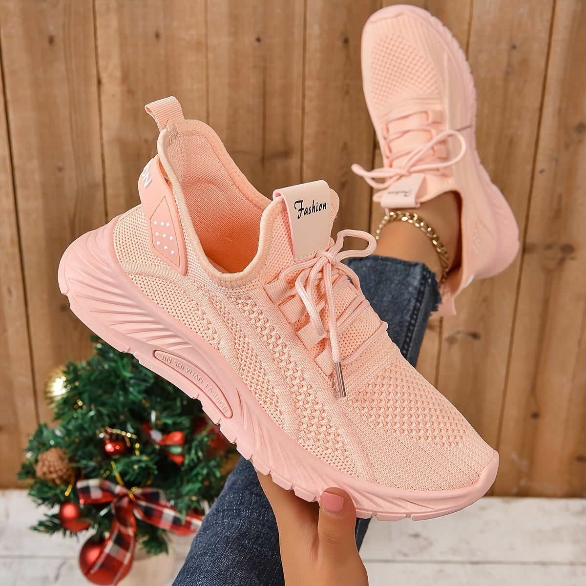 Women's Knitted Sports Shoes, Lightweight Lace Up Low Top Running & Tennis Sneakers, Breathable Gym Trainers for Holiday  Plus Size