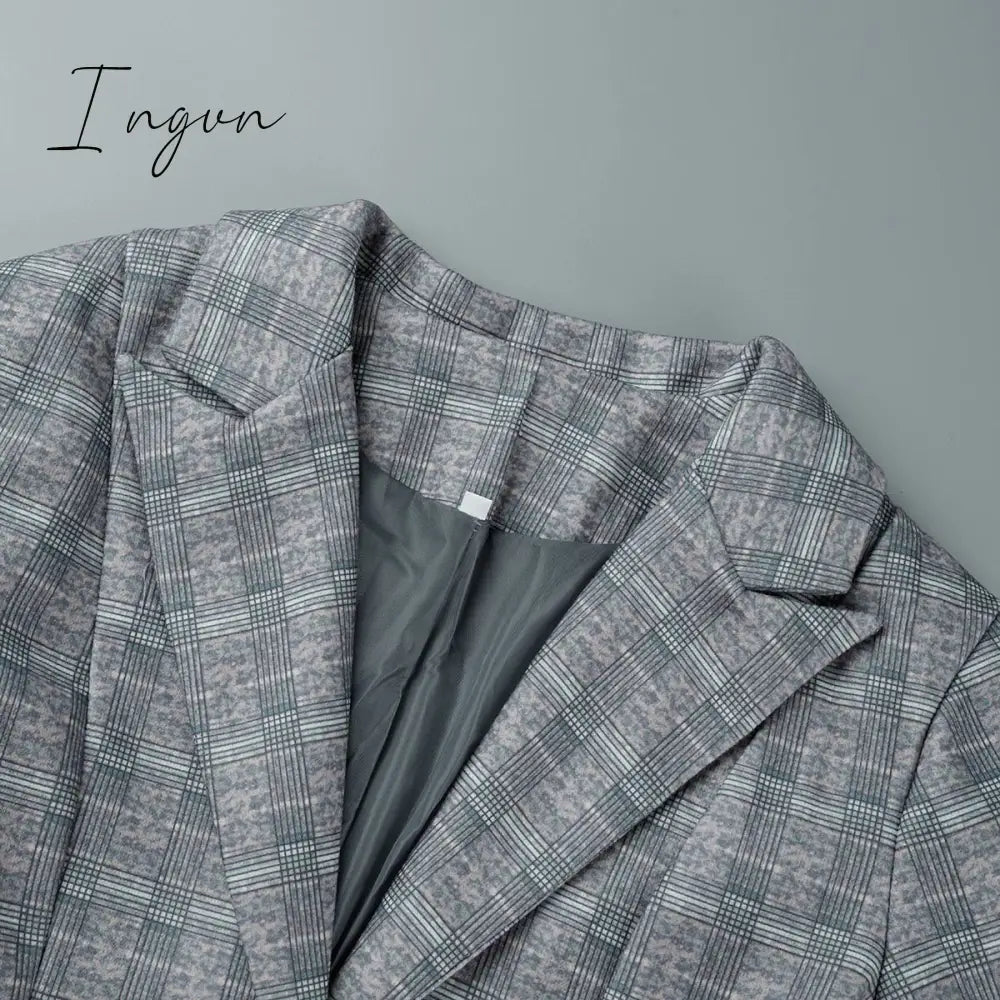 Ingvn - Fashion Street Plaid Patchwork Buckle Turn-back Collar Outerwear(3 Colors)