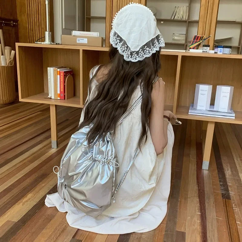 Ingvn  Elegant Silver Womens Backpack Pleated String Korean Style Fashion Small Backpack Designer Exquisite Daily New Female Bag