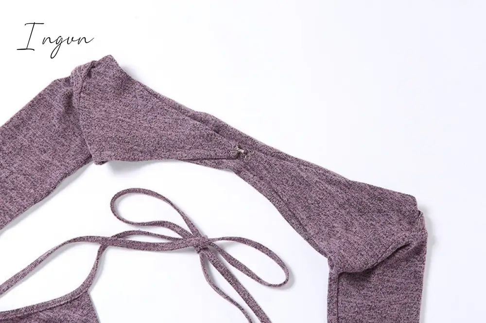 Ingvn - Y2K Top Women Long Sleeve T-Shirts 2 Piece Tops Halter Tanks Backless Crop Top Off Shoulder Tees Sexy Christmas Clothes