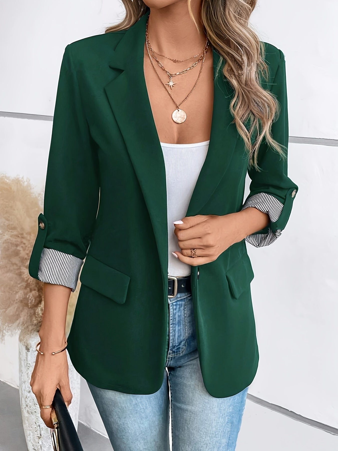Single-Breasted Label Neck Blazer, Elegant Long Sleeve Blazer For Office & Work, Women's Clothing