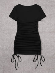 Womens Ruched Skinny Dress - Adjustable Drawstring Waist, Solid Color, Short Sleeve, Crew Neck, Chic and Versatile Casual Wear for Women