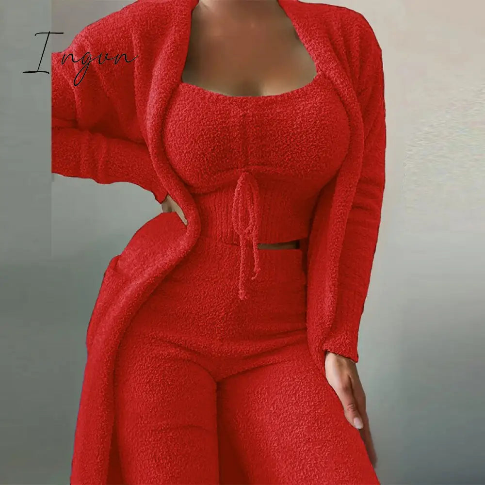 Ingvn - Women Elegant Fleece Soft 3 Piece Suit Fashion Square Collar Drawstring Tops+Long Cardigan Outfits Casual Pajamas Solid Set