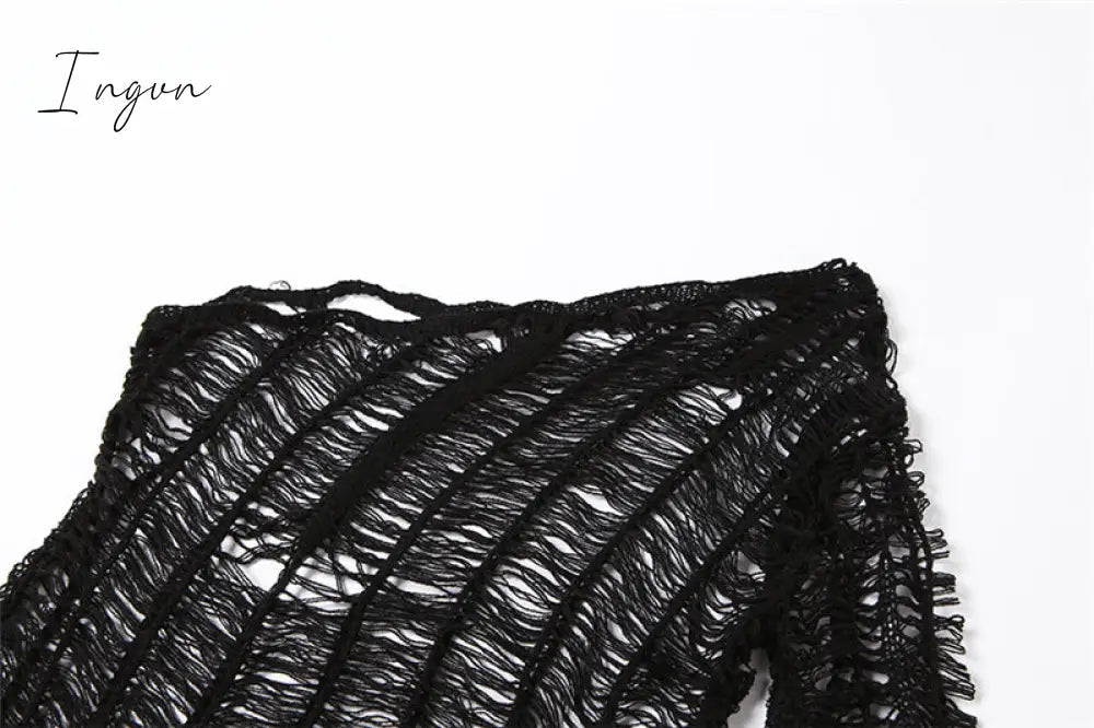 Ingvn - 2023 Womens Fashion Black Diagonal Collar Knitting Maxi Dress Women Sexy Mesh Transparent One Shoulder Long Sleeve Split Robe Holiday Jurk