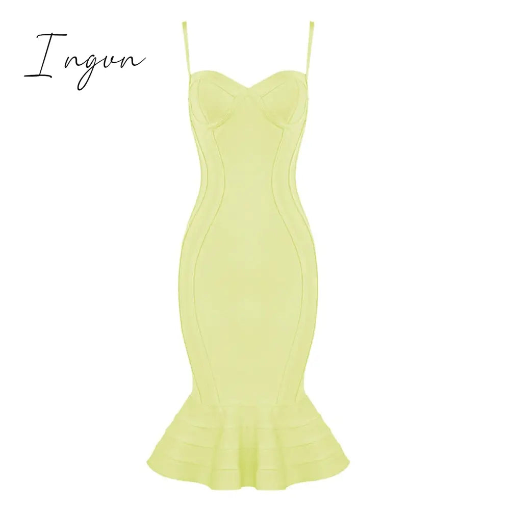 Ingvn - High Quality Pink Yellow Knee Length Rayon Bandage Dress Evening Party Elegant Dress