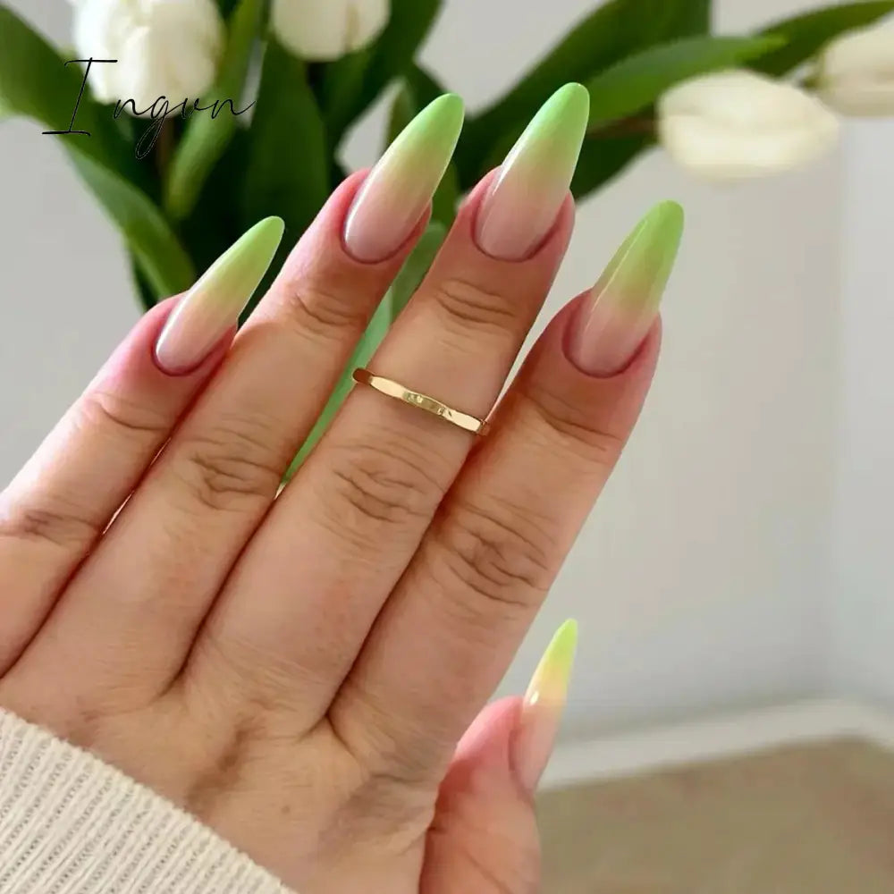 24Pcs False Nails With Glue Almond Pink Butterfly Design Detachable Rhinestones Acrylic Fake Nails long stiletto Press On Nails
