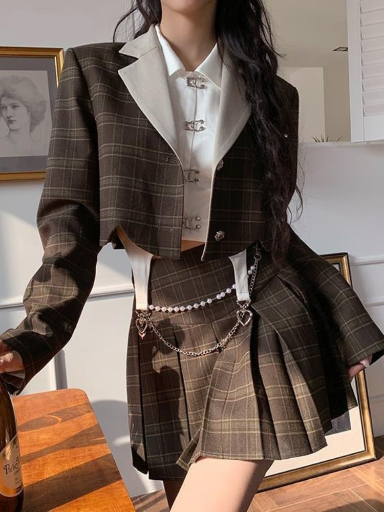 New Korean Temperament Short Suit Jacket + White Shirt + High Waist Pleated Skirt Three-piece Women's Clothing Campus Wear
