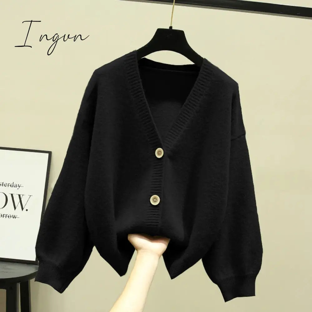 Ingvn - Oversized Cardigan Women Spring Casual Solid V Neck Long Sleeve Cardigan Sweater Female Knit Jacket Coat Green Pink