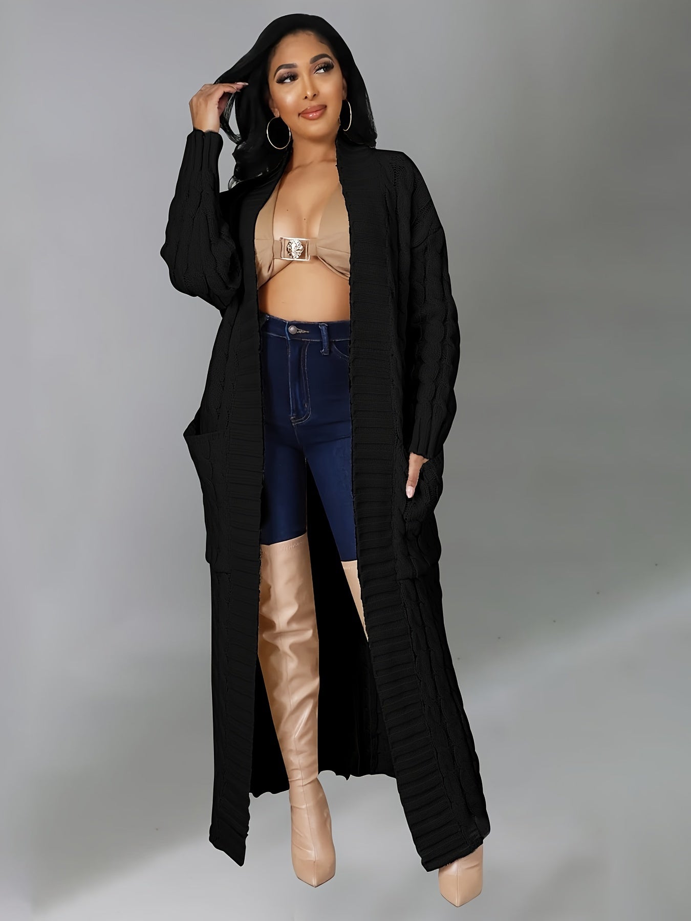 Elegant Long Sleeve Halter Neck Cardigan – Winter-Warm Knit Sweater with Pockets for Women, Durable & Easy Care
