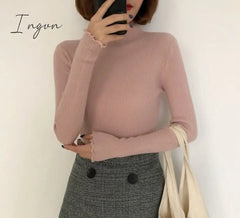 Ingvn - Turtleneck Ruched Women Sweater High Elastic Solid Fall Winter Fashion Sweater Women Slim Sexy Knitted Pullovers Pink White