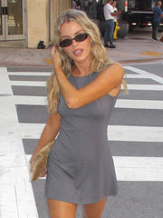 Ingvn  Fashion Casual O-neck Sleeveless Solid Gray Short Dresses for Women  Sexy Female High Waist Slit Fit Tank Dress Streetwear