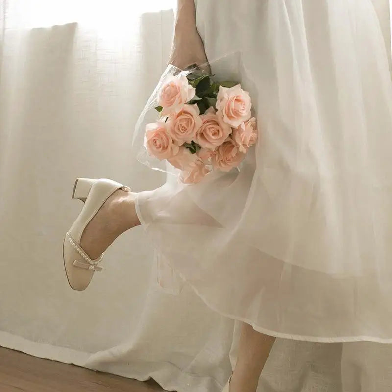 Ingvn  Ladies Summer Footwear with Bow Shoes for Women  Japanese Style Lolita Mary Jane Square Toe Gothic Pearl Medium Heels 39 A E