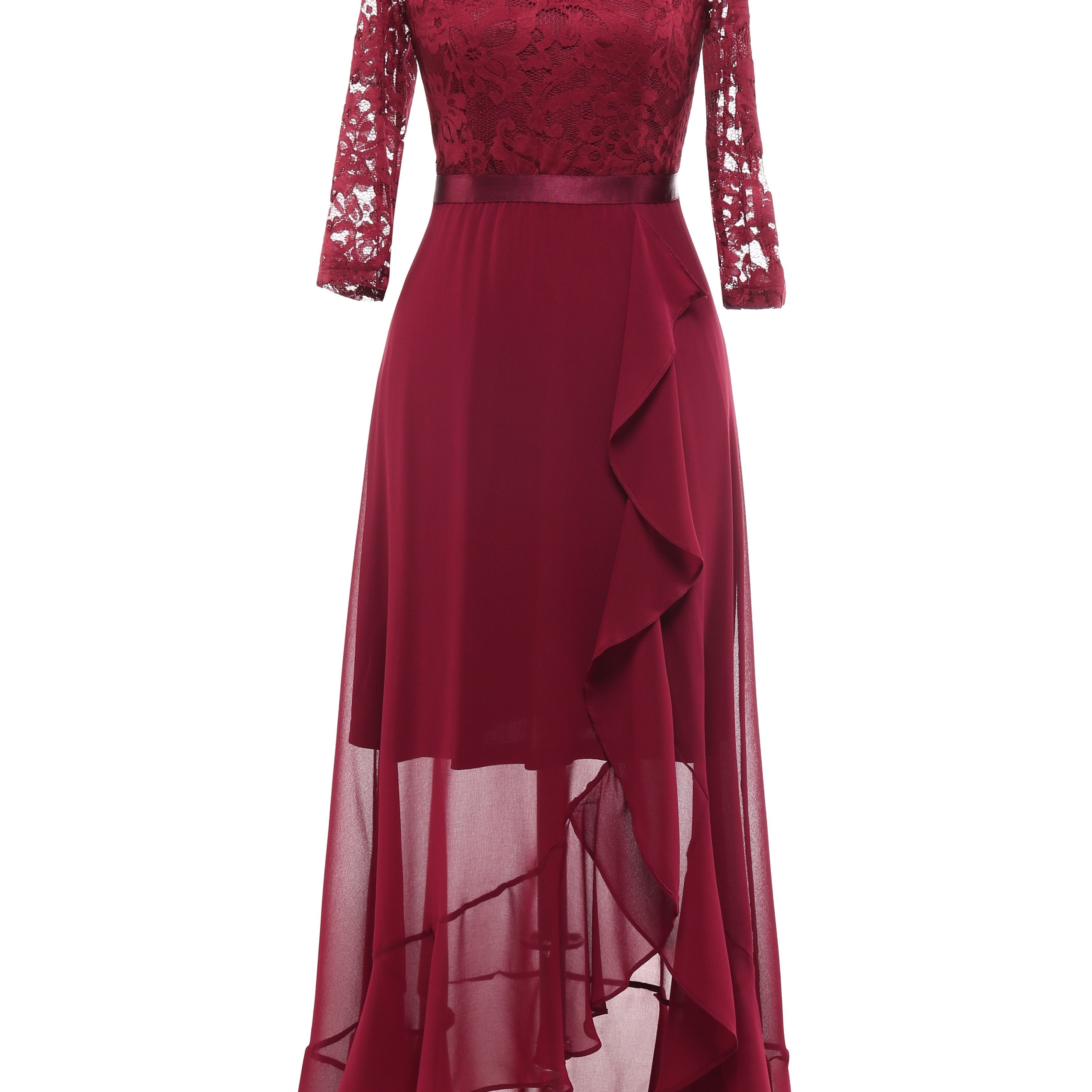 Solid Lace Splicing Aline Dress, Elegant V-neck Ruffle Hem Asymmetrical Dress For Wedding Party, Women's Clothing Wedding graduation engagement occasion ceremony party holiday vacation birthday