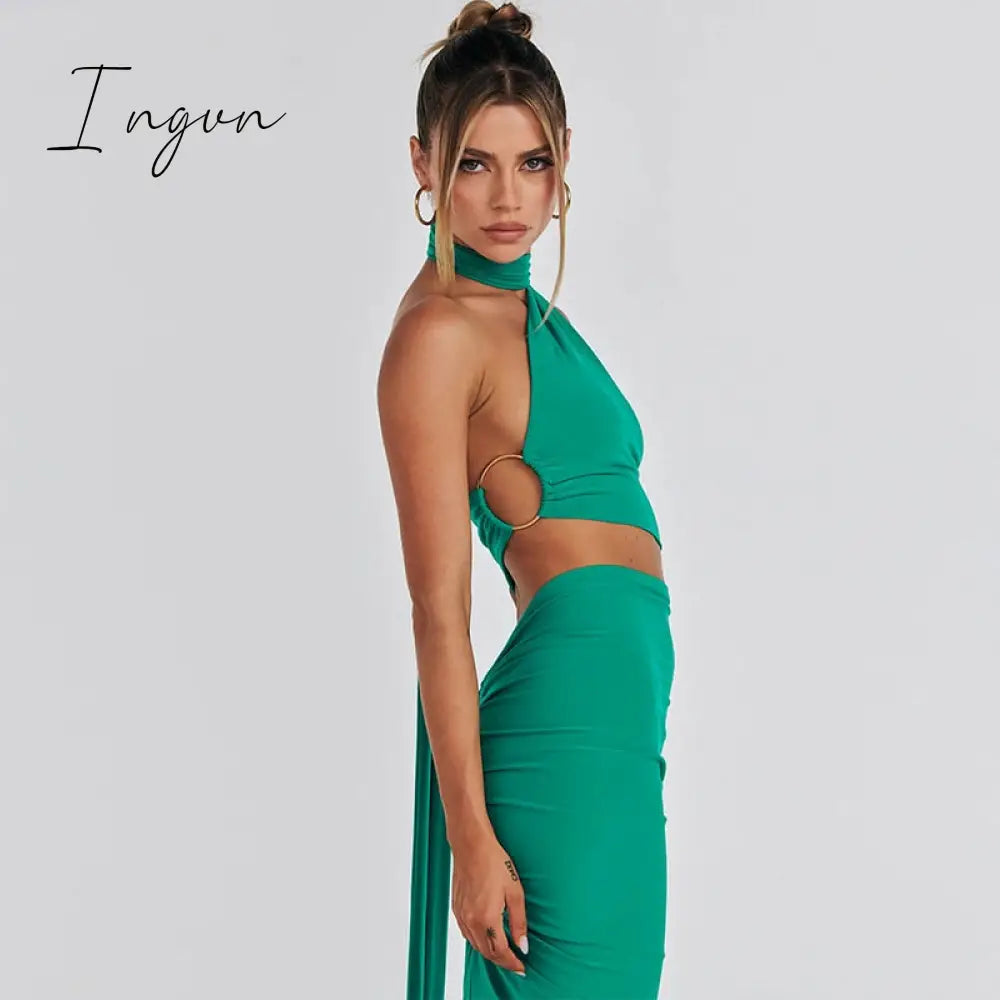 Ingvn - Fashion Backless Sexy Dress Set Women Halter Back Strap Crop Top And Maxi Skirt Female Elegant Bodycon Two Piece Set