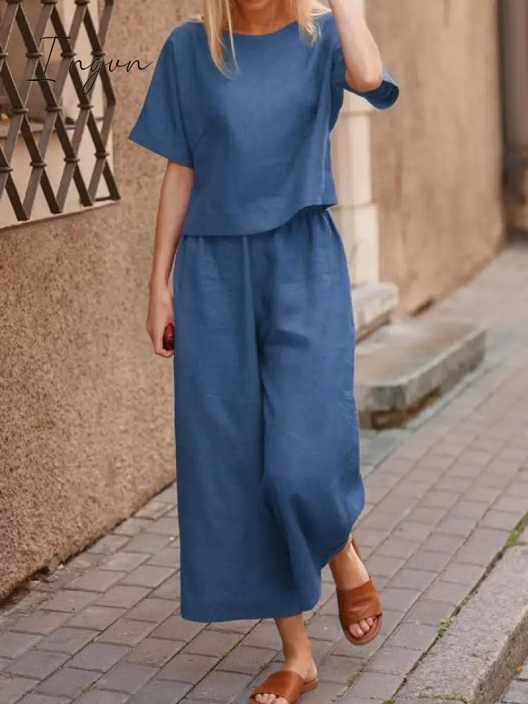 Ingvn - Plus Size 5XL Cotton Women's Pantsuit Suit Loose O-neck Top Wide-leg Trouser Suits Female Spring Fashion Casual Set Ladies