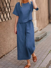 Ingvn - Plus Size 5XL Cotton Women's Pantsuit Suit Loose O-neck Top Wide-leg Trouser Suits Female Spring Fashion Casual Set Ladies