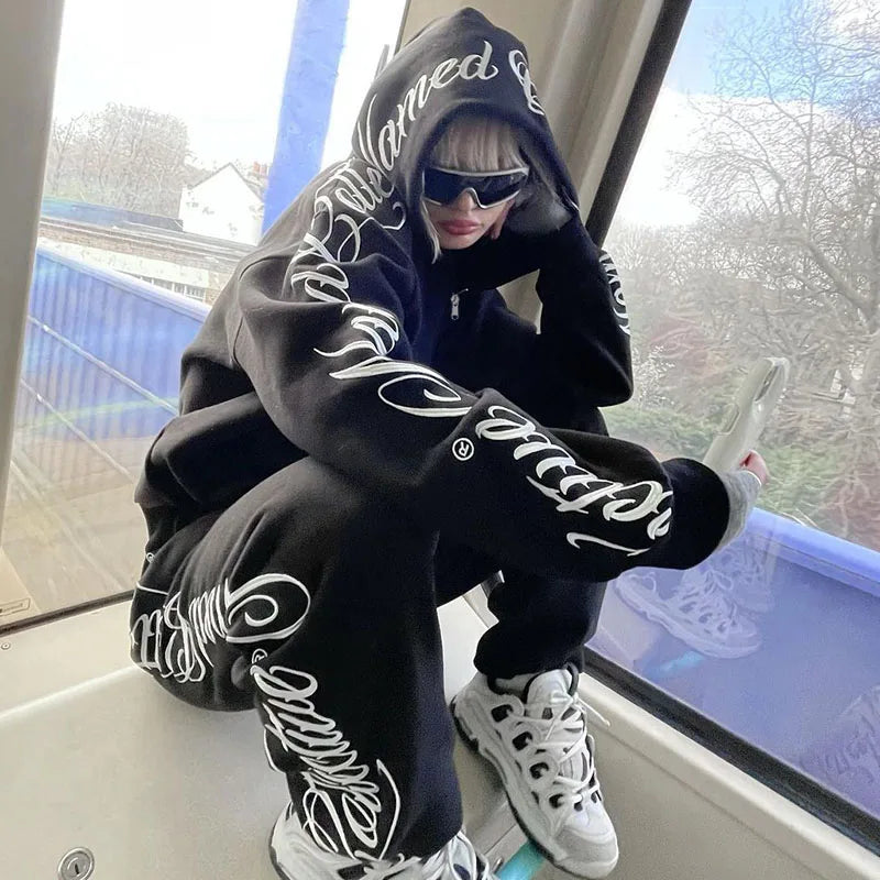 American Winter Sweatshirt Y2k Gothic Hip Hop Couple Hoodies Print Harajuku Zip Up Oversized Women Punk Grunge Black Jacket