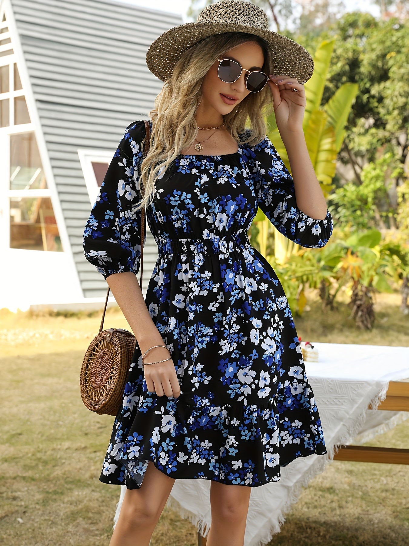 Womens Flora Dress 3/4 Sleeve Puff Sleeve A Line Midi Dress With Ruffle Hem Square Neck Dress For Wedding Guest
