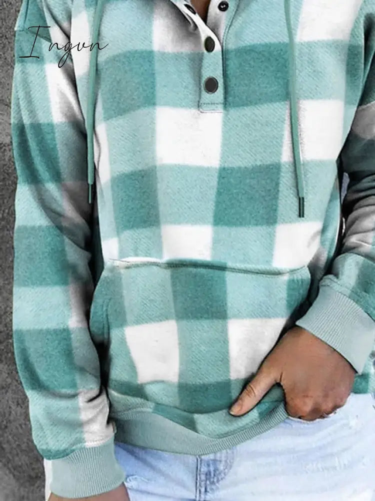 Ingvn - Women's Hoodie Sweatshirt Pullover Fashion Button Drawstring Front Pocket Red Blue Purple Plaid Casual Hoodie Long Sleeve Top Micro-elastic Fall & Winter