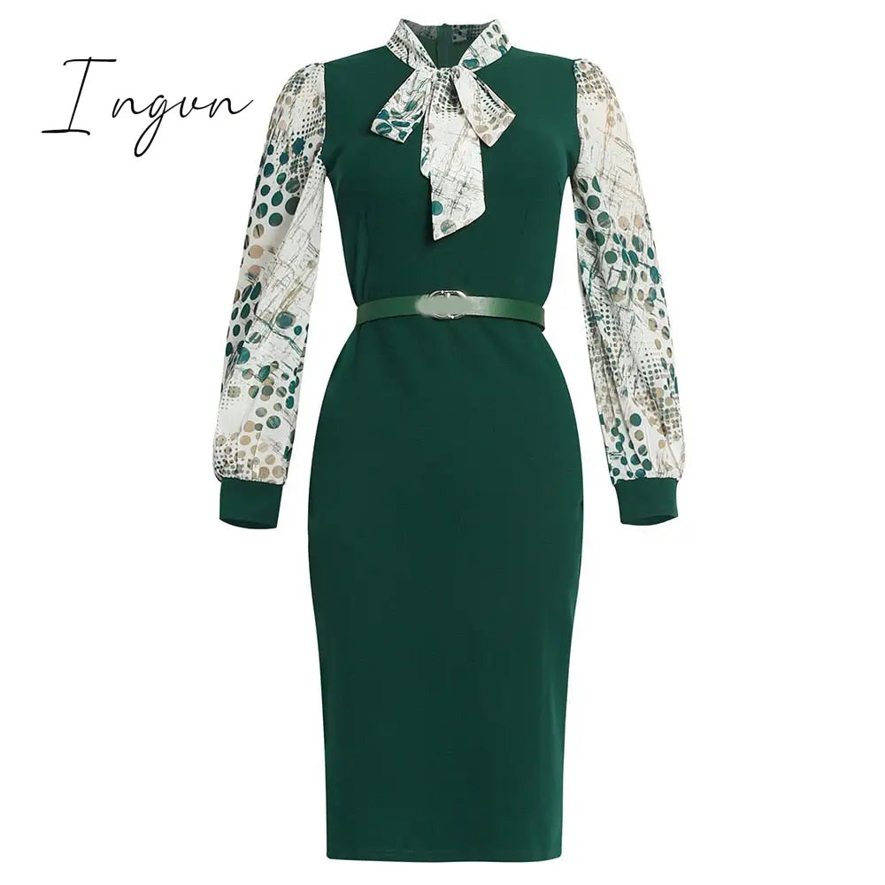 Ingvn - African Fashion Women Dresses Office Style Dot Patchwork Bow High Waist Bodycon Mid Calf Elegant Business Work Wear Vestidos New