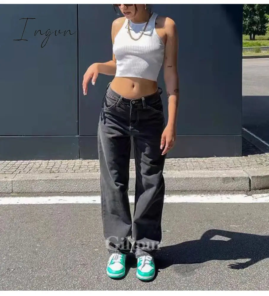 Ingvn - Hot Sell Quality Low Waist Jeans Women Baggy Jeans 2023 New Fashion Straight Leg Pants Y2k Denim Trousers Vintage Loose Blue Washed Mom Jeans