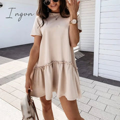 Ingvn - Fashion Trends Loose Casual Short Sleeve Mini Dress Women Summer O-neck White Black Ruffles Big Hem Beach Dresses For Woman Femme Robe