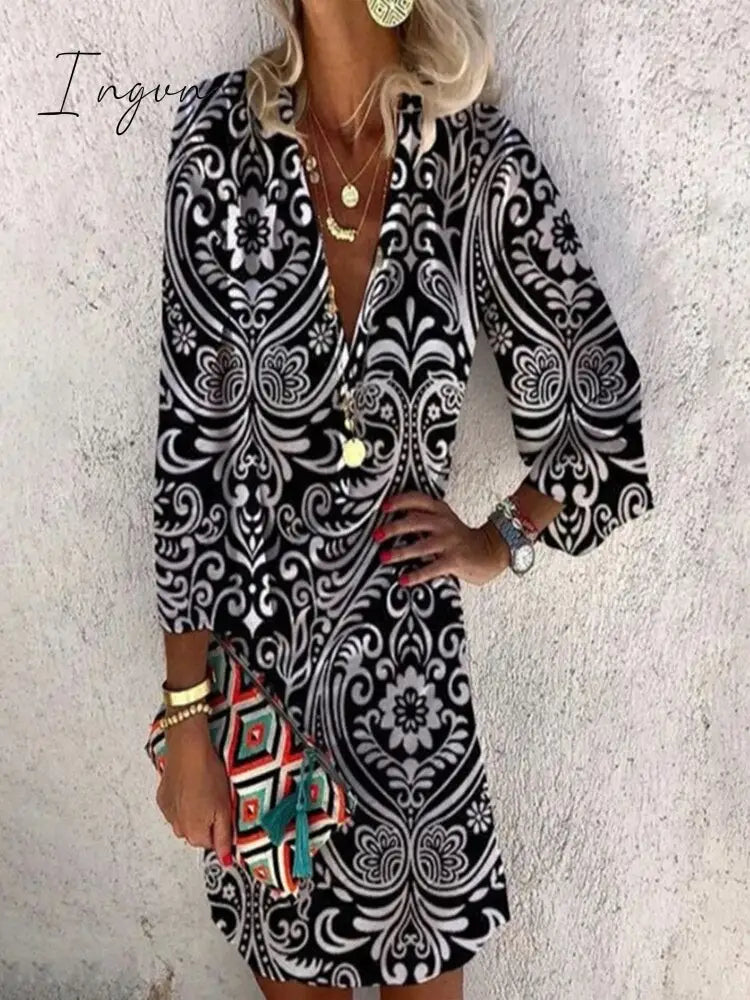 Ingvn - Women Fashion Floral Printed Summer Mid Length Dress Casual Long Sleeve Ladies A Line V Neck Office Street Holiday Dresses