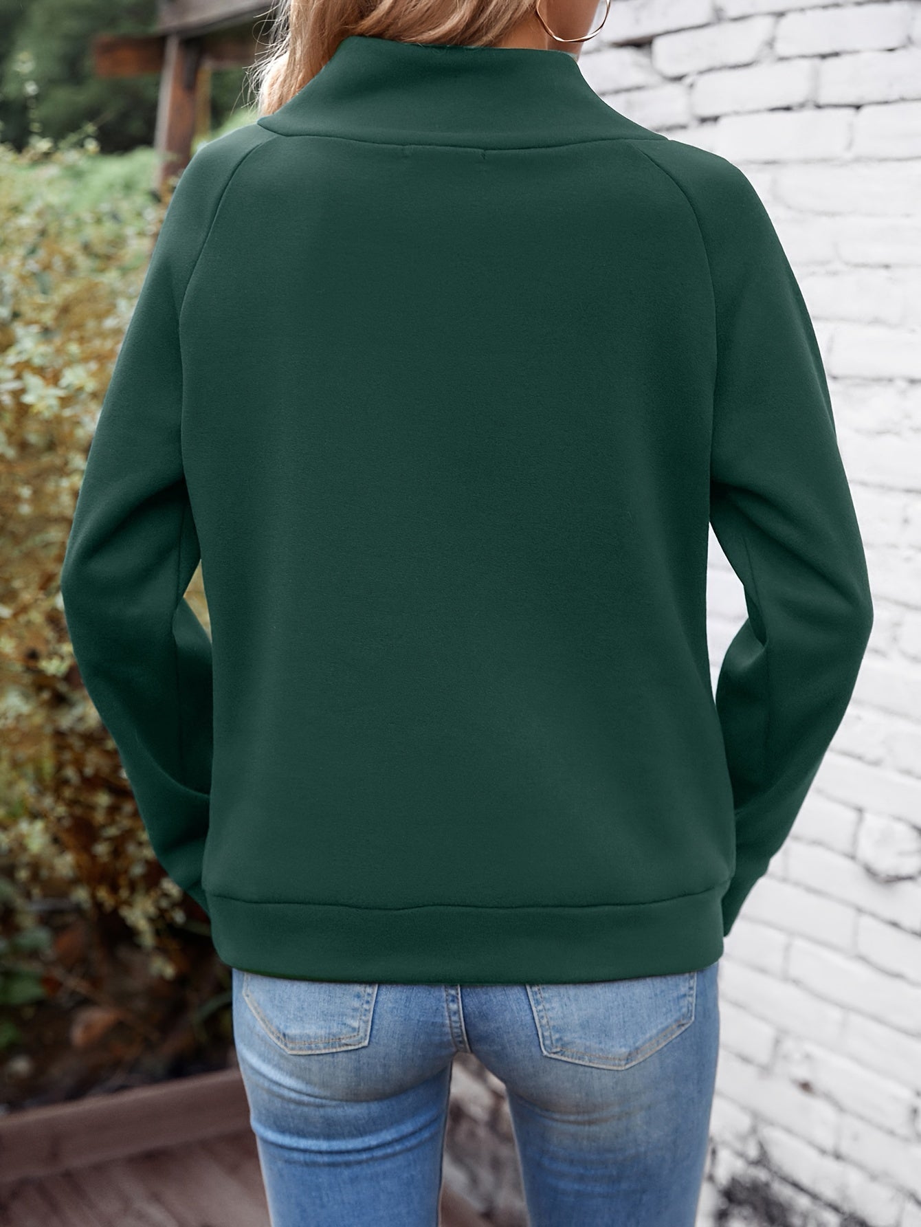 Solid Mock Neck Button Sweatshirt, Elegant Long Sleeve Sweatshirt For Fall & Winter, Women's Clothing
