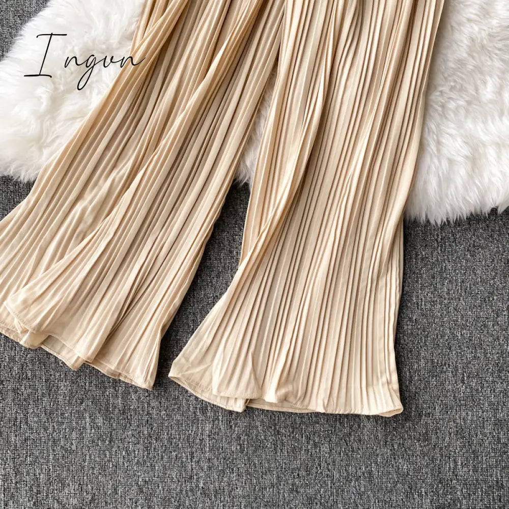 Ingvn - Vintage Notched Collar Draped Rompers For Women Casual Sleeveless High Waist Wide Leg Playsuits Female Beige/Green Jumpsuit