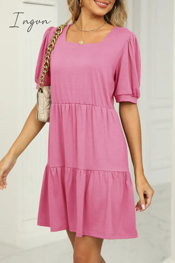 Ingvn - Casual Solid Fold Square Collar A Line Dresses