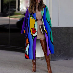 Ingvn - Casual Lapel Long Sleeve Blend Wool Coats Fashion Portrait Print Women Long Overcoat Winter Elegant Lady Cardigan Outerwear