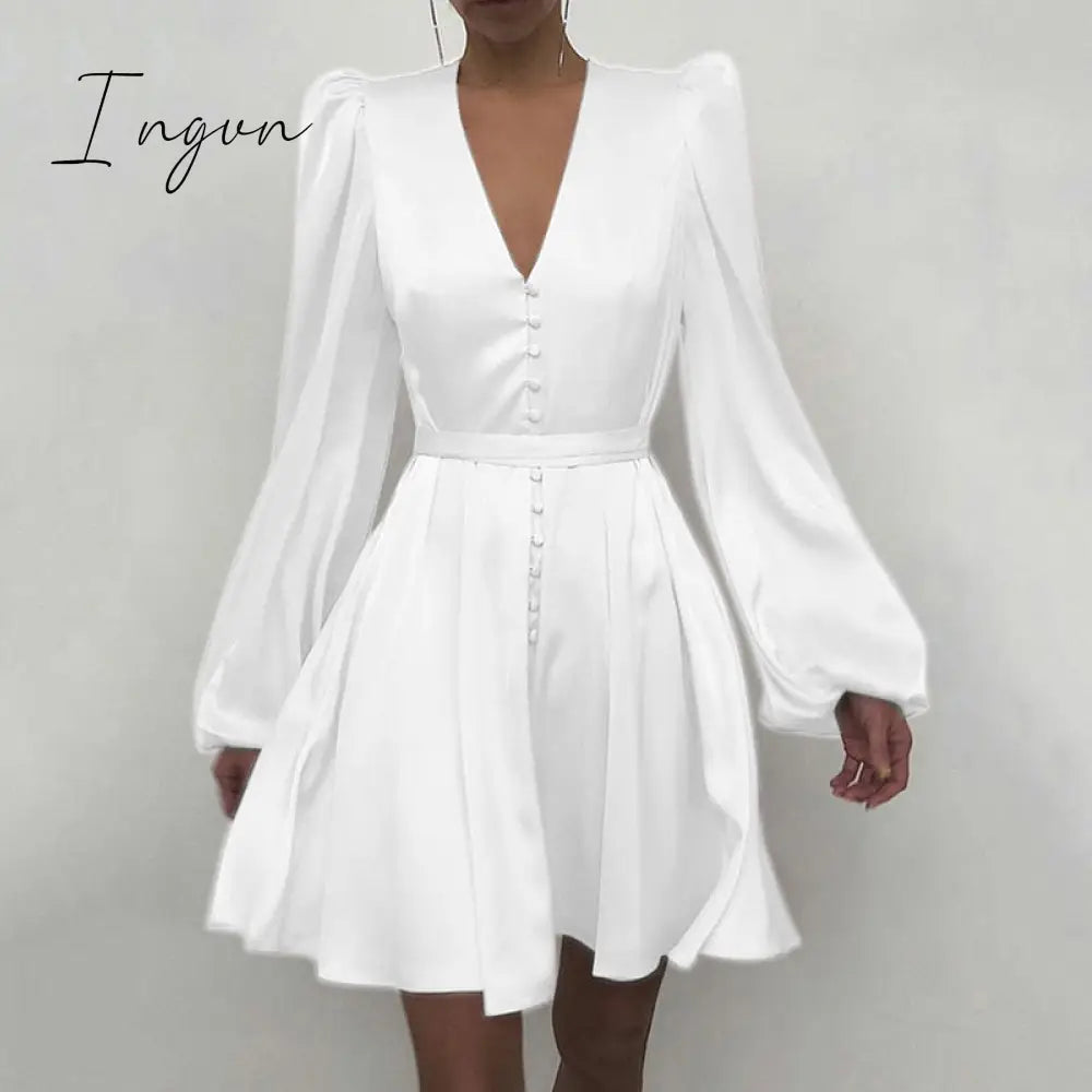 Ingvn - Trends high quality Spring New Women Sexy V Neck Letters Print Fashion Short Dresses Casual Satin Slim Lantern Sleeves Zipper Elegant Party Vestidos