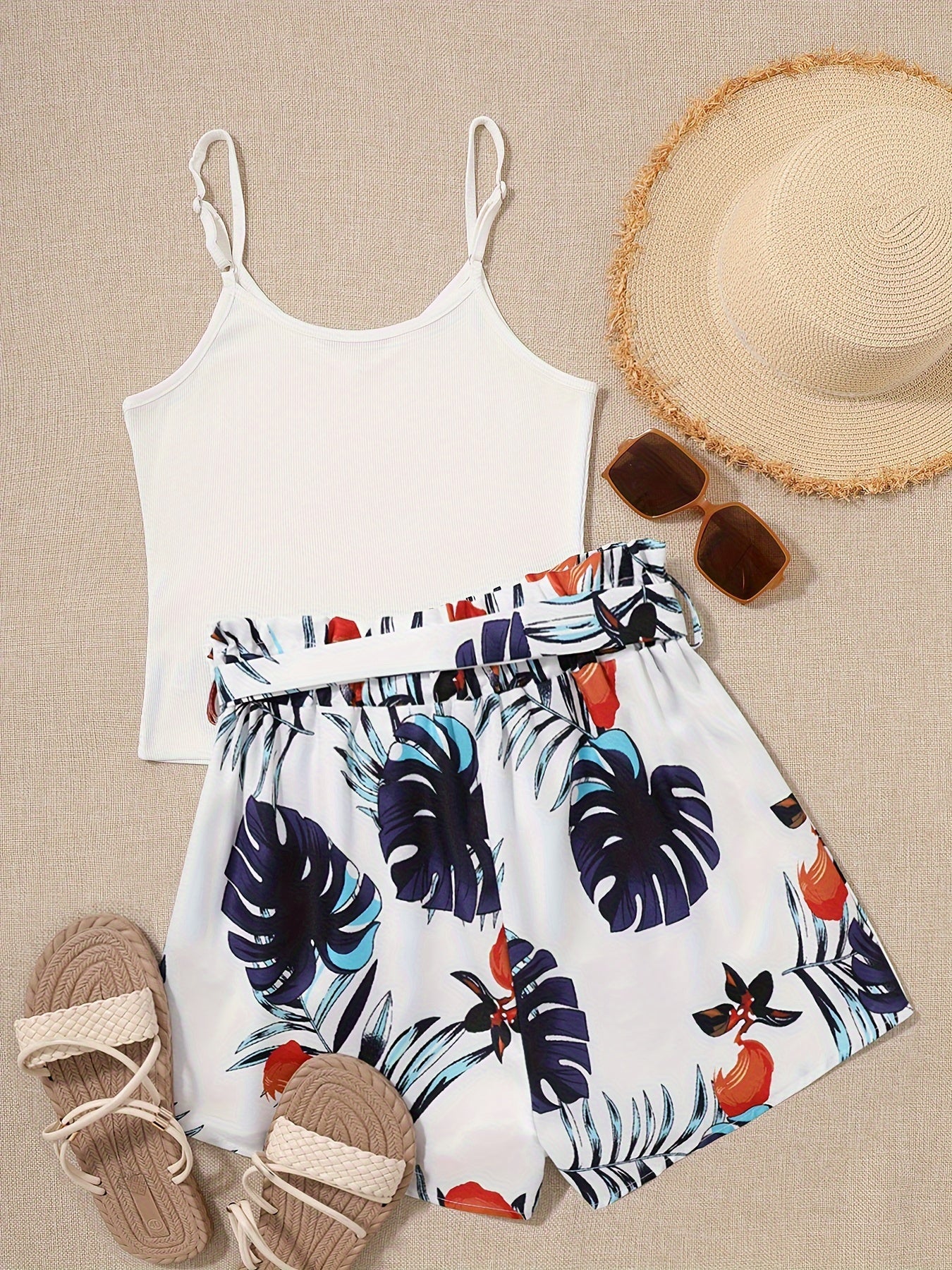 Lightweight Womens Vacation Shorts Outfit Set - Sleeveless V-Neck Cami Top with Vibrant Plants Print & Belted Paperbag Waist Loose Shorts - Effortless Summer Style Two-Piece Ensemble