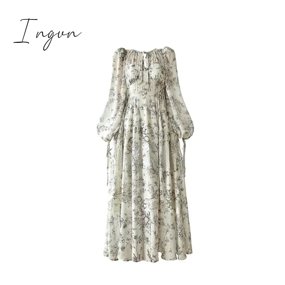 Ingvn - French Elegant Floral Midi Dress Woman Evening Party 2023 Summer Beach Fairy Long Sleeve Sundress One Piece Dress Korean Fashion