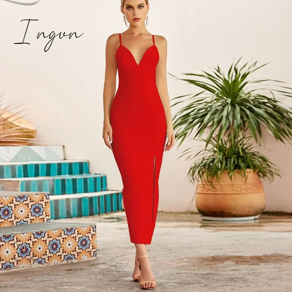Ingvn - New Summer Women White Bodycon Bandage Dress Sexy V Neck Spaghetti Strap Club Celebrity Evening Runway Party Maxi Dresses