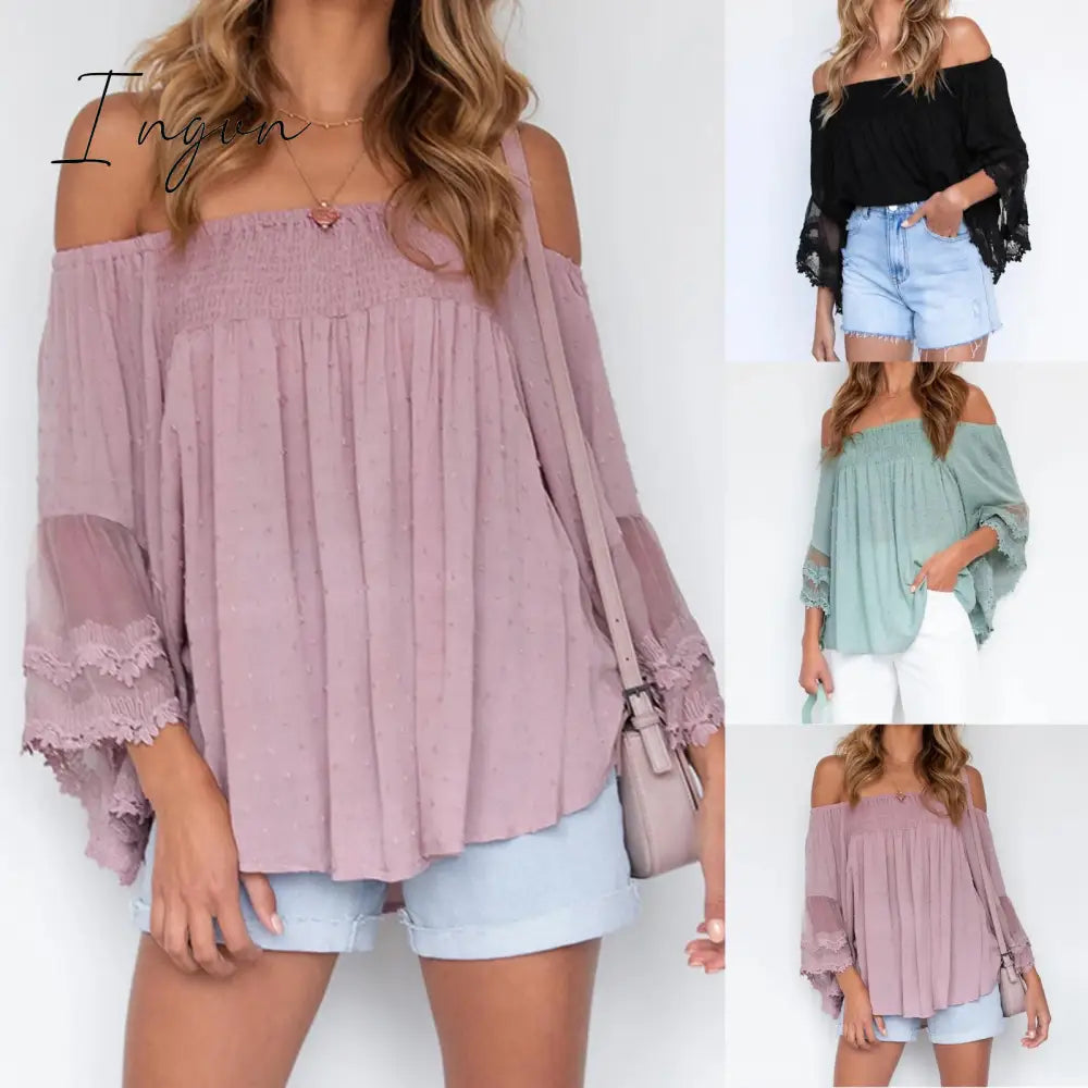 Ingvn - Women Off Shoulder Solid Tops Fashion Short Sleeve Backless Tassel Irregular Blouse Female Clothes Hipster Summer Oversize Shirt