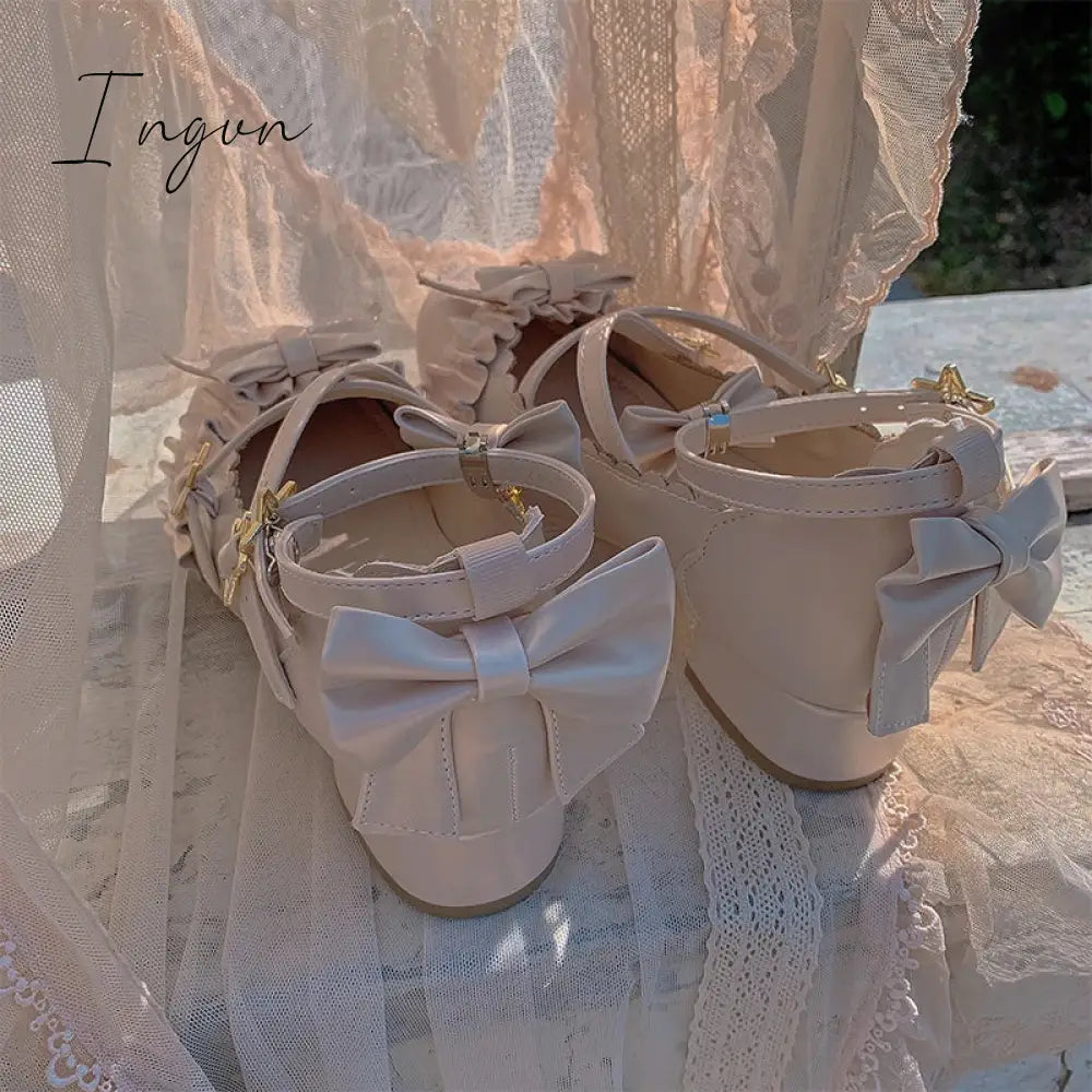 Ingvn - Sweet Lolita Shoes Vintage Round Head Middle Heel 3-5cm Women Shoes Cute Bowknot Cross Bandage Kawaii Shoes Loli  Kawaii Girl