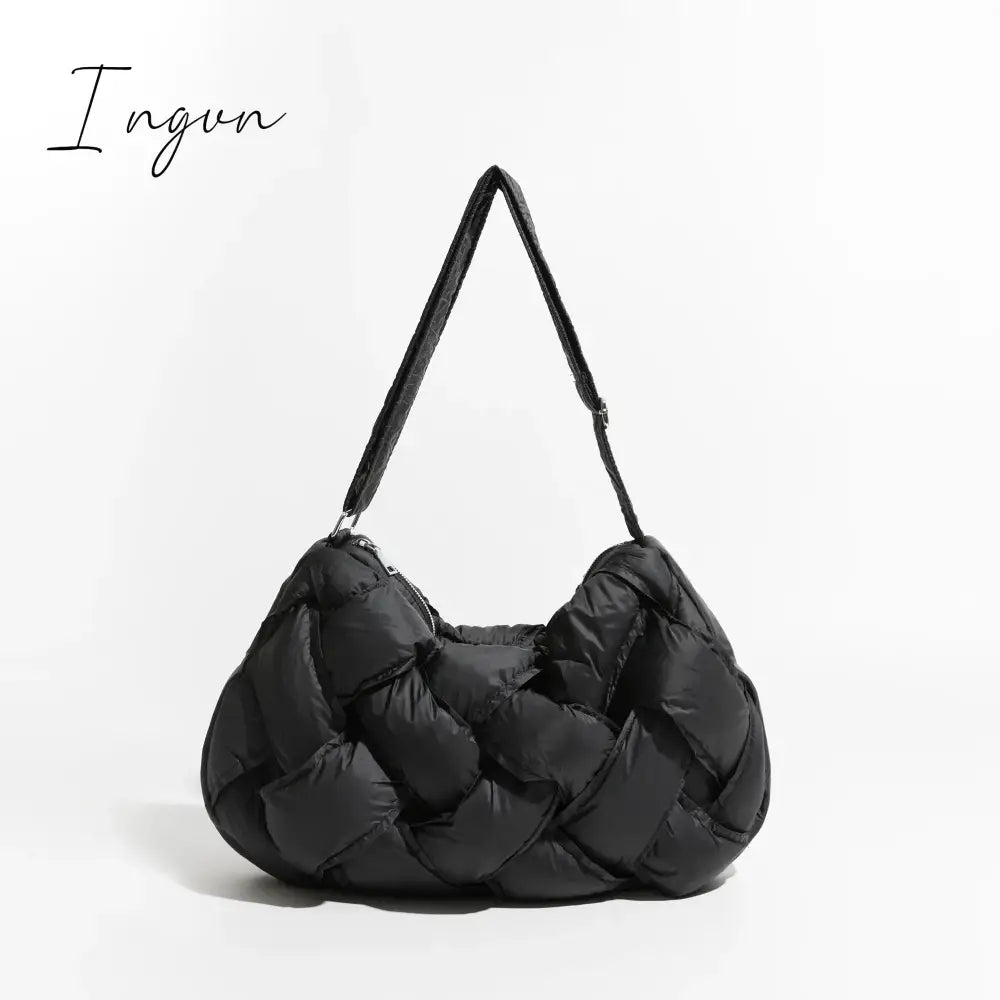 Ingvn - Black Woven Design Padded Shoulder Hobo Bag Cotton Down Crossbody Puffer Purse Big Women Winter Sling Handbag