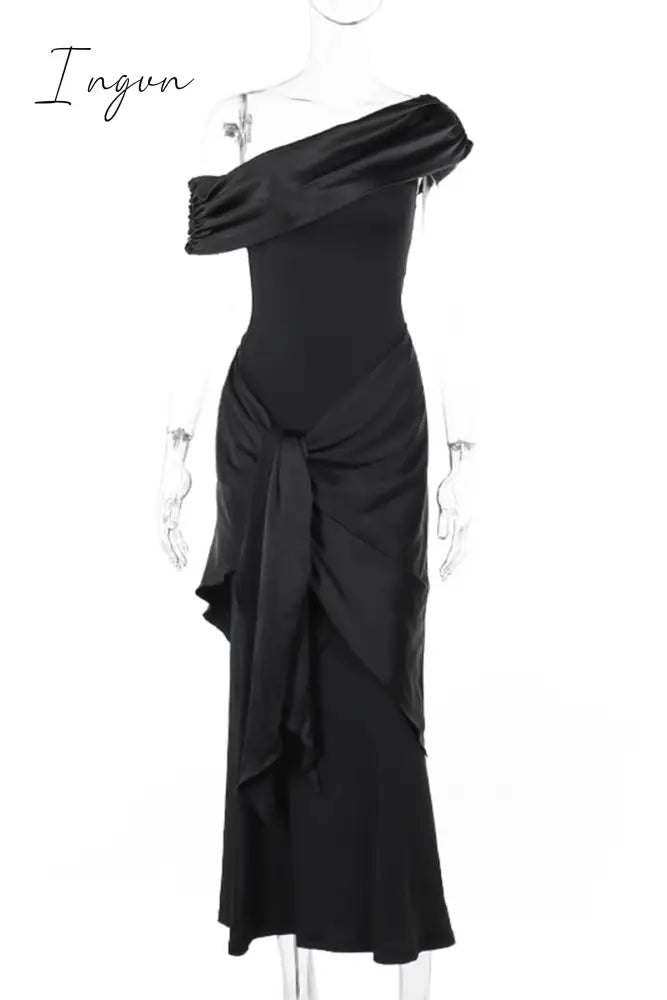 Sexy Formal Solid Mesh Oblique Collar Evening Dresses
