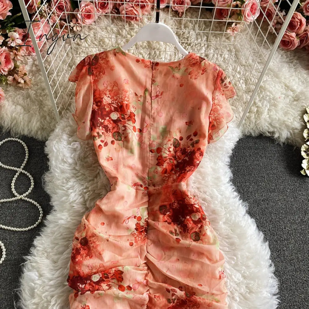 Ingvn - Vintage V-Neck Printed Chiffon Drawstring Mermaid Midi Dress Women Elegant High Waist Ruffle Vestidos Fashion Spring Summer