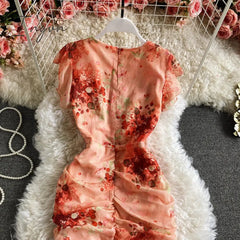 Ingvn - Vintage V-Neck Printed Chiffon Drawstring Mermaid Midi Dress Women Elegant High Waist Ruffle Vestidos Fashion Spring Summer