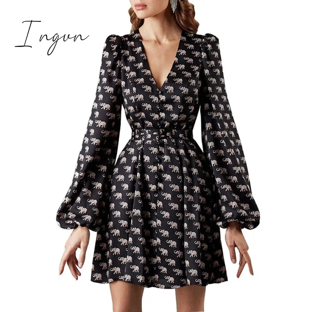 Ingvn - Trends high quality Spring New Women Sexy V Neck Letters Print Fashion Short Dresses Casual Satin Slim Lantern Sleeves Zipper Elegant Party Vestidos