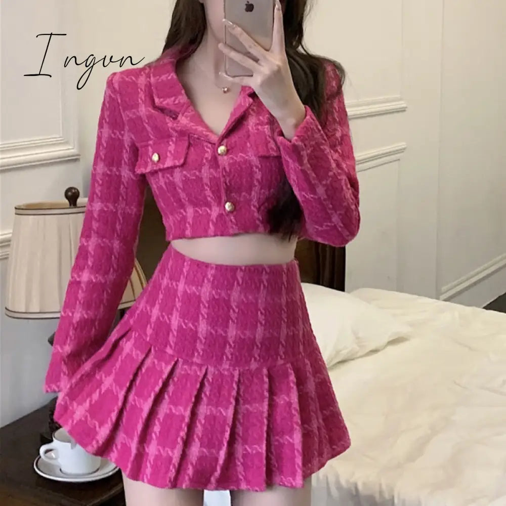 Ingvn - High Quality Fall Small Fragrance Vintage Tweed Two Piece Set Women Crop Top Woolen Short Jacket Coat + Mini Skirts Sets Sweet 2 Piece Suits