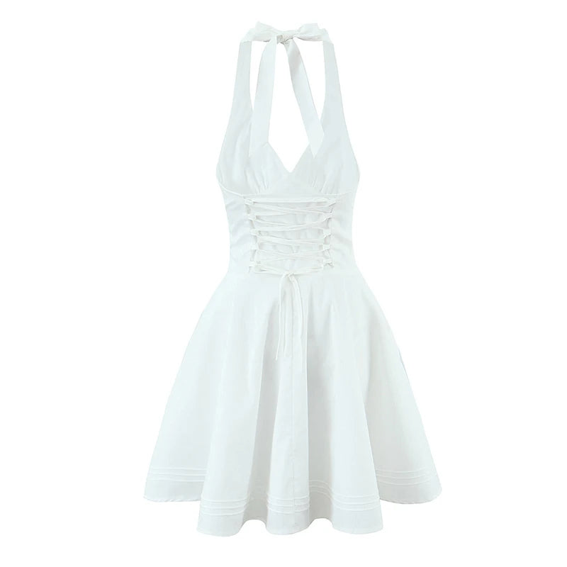 Sexy Deep V Halter White Mini Dress Women Fashion Backless A-line Elegant Party Dresses Summer Robe Lace Up Vestidos