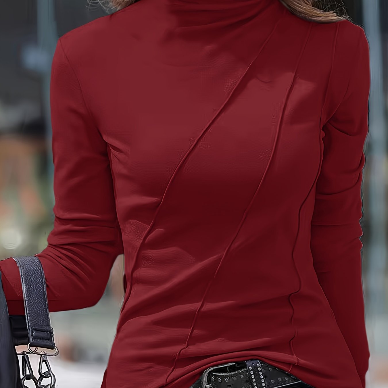 High Neck Slim Fit Polyester Turtleneck Top - Soft, Stretchy, and Breathable for All Seasons - Machine Washable, Casual Long Sleeve Shirt for Women