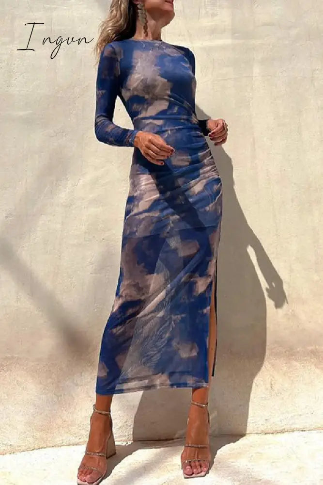 Ingvn - Casual Vintage Gradual Change Print See-through O Neck Long Sleeve Dresses
