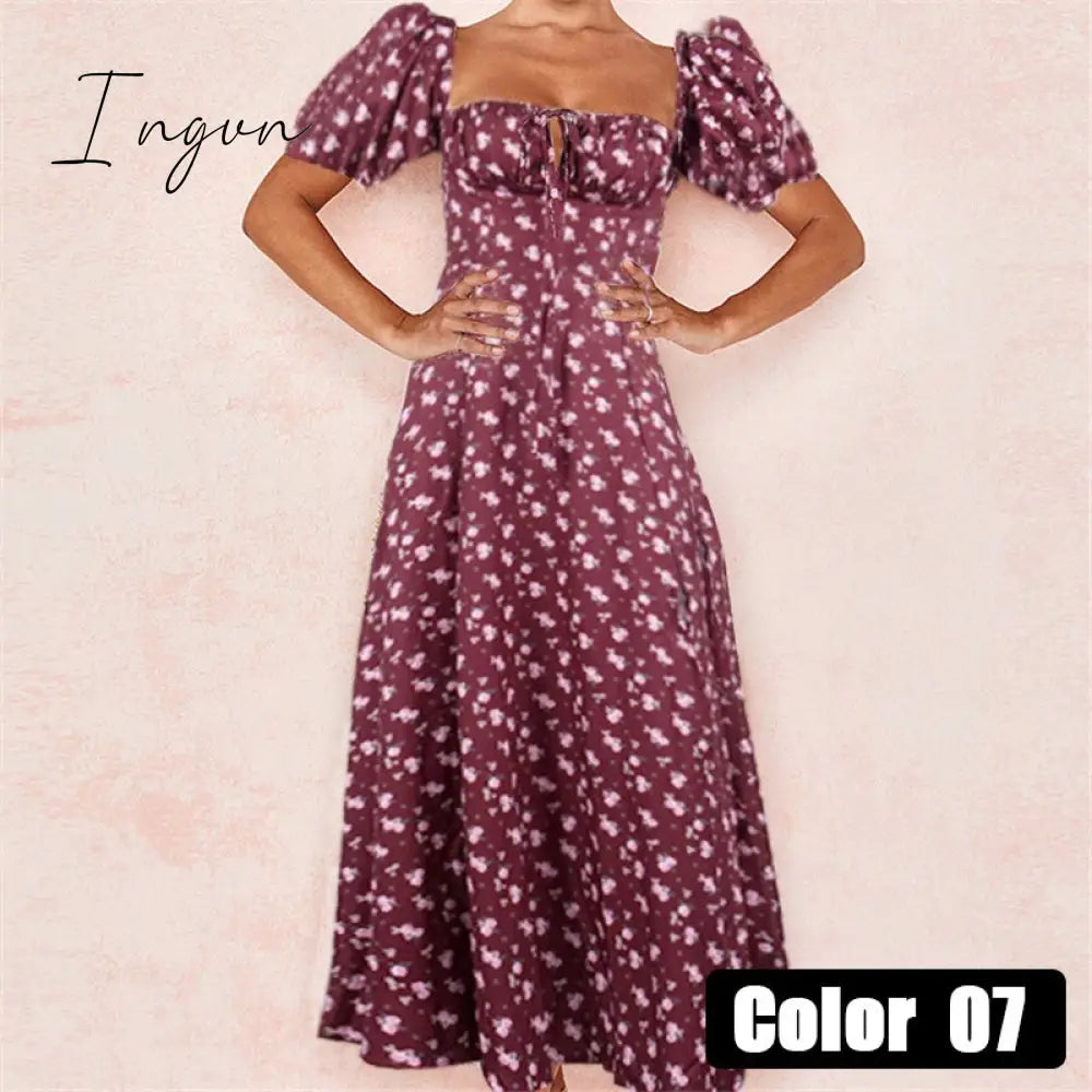 Ingvn - womens fashion Vintage Square Collar Printed Dress Women Sweet Puff Sleeve Slim Long Casual Split Spring Summer Floral Dress Ladies New
