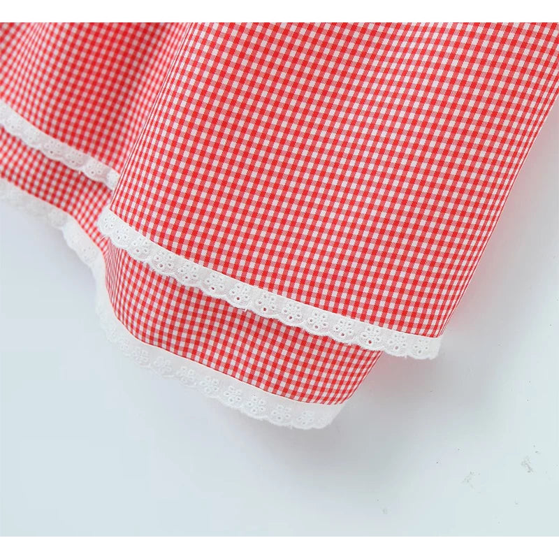 Women Lace Spliced Plaid Sling Mini Dress Sexy Sleeveless Back Lacing Up Ladies Party Skater Robe Summer Dresses